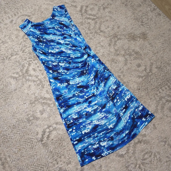 NIC+ZOE Blue Surf Spray Sleeveless Jewel Neck Sheath Dress, Faux Waist Knot, M - Picture 11 of 16